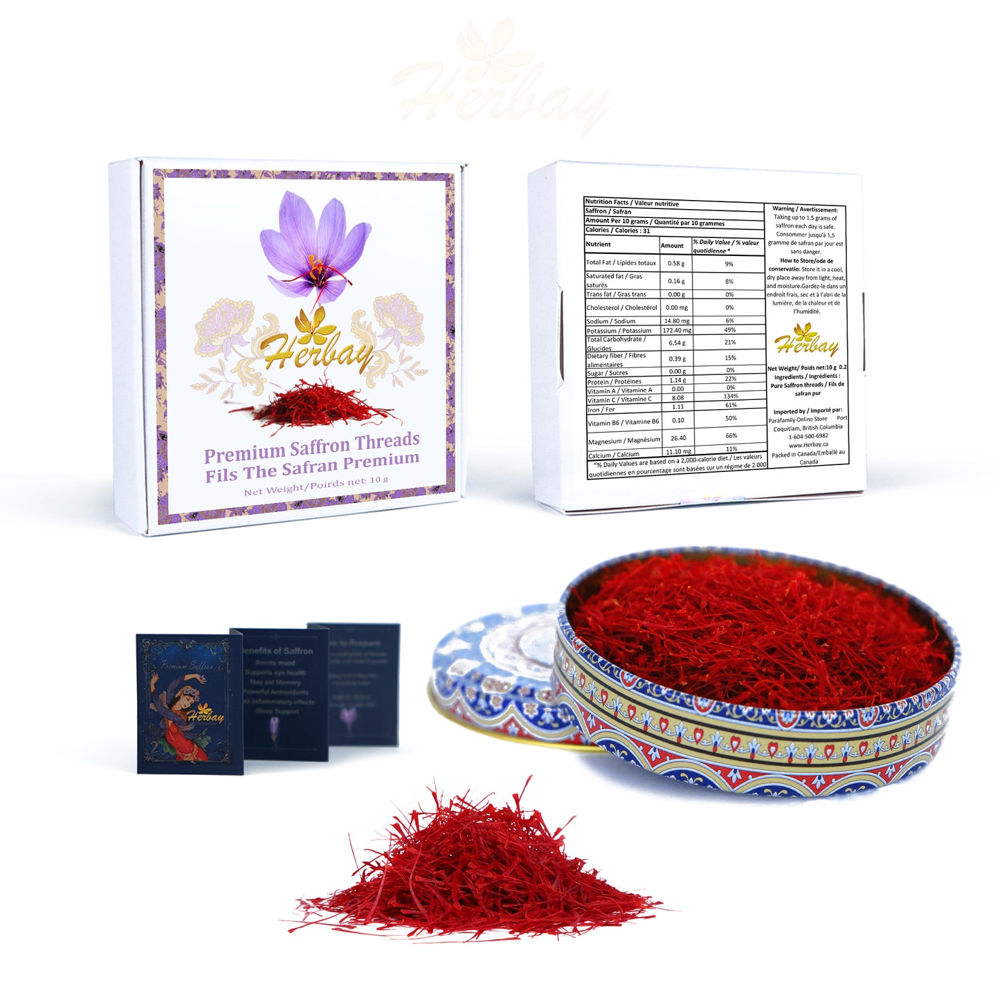Herbay Saffron 10 gr, Finest Pure Premium Super-Negin, BlueDream Series, Saffron Spice Threads, Highest Grade Saffron for Tea, Paella, Rice, Desserts, No Artificial, No Preservatives