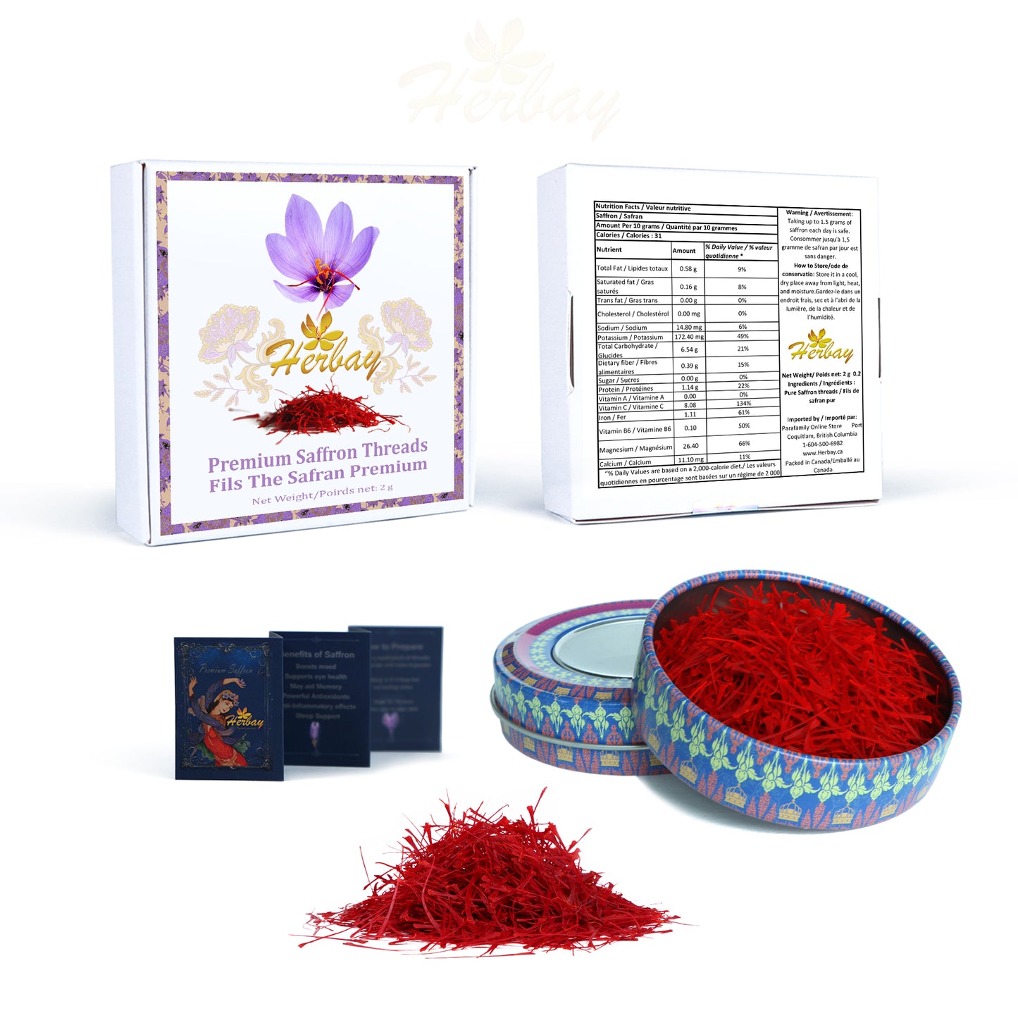 Herbay Saffron 2 gr, Finest Pure Premium Super-Negin Saffron Spice Threads, Highest Grade Saffron for Tea, Paella, Rice, Desserts, No Artificial, No Preservatives, Purple-Sky Series
